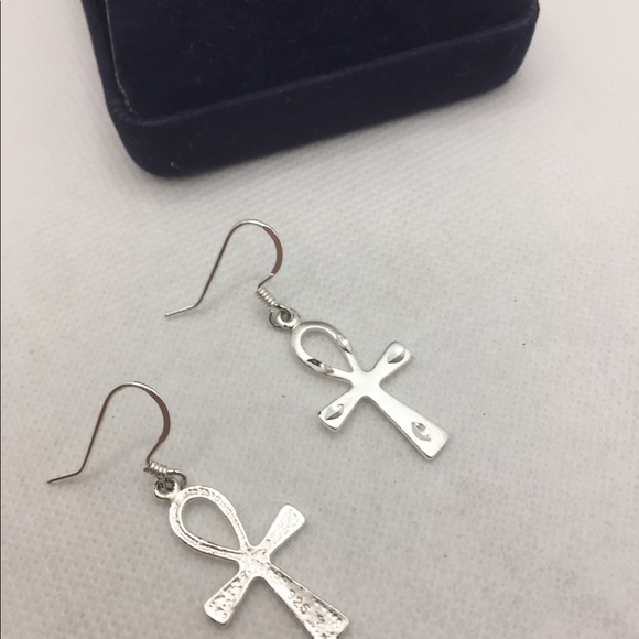 STERLING SILVER EGYPTIAN CROSS EARRINGS - Picture 7 of 8